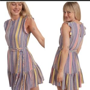 Marine Layer Laney Mini Dress Womens XS Linen Blend Rainbow Stripe Beach EUC
